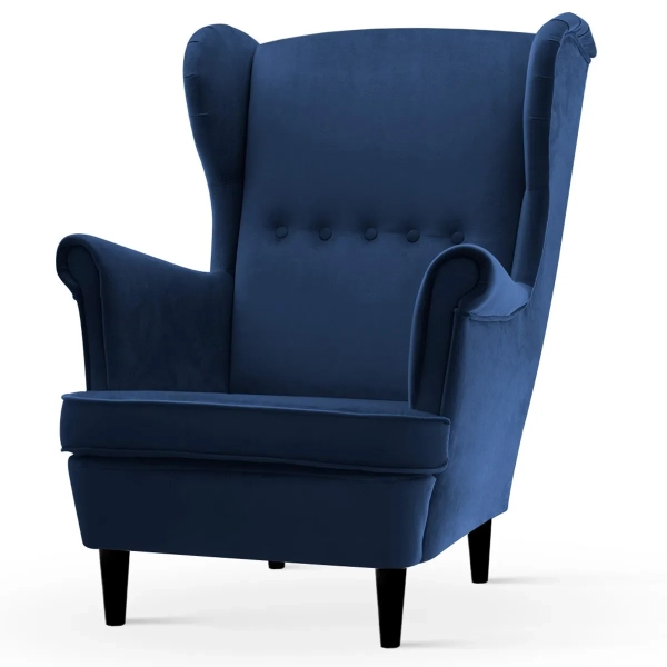 FOTEL USZAK Z GRANATOWEGO WELURU DO SALONU NA DREWNIANYCH NOGACH - PÓŁPROFIL